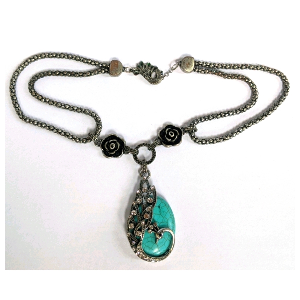Turquoise Stone Pendant Peacock Necklace Accented